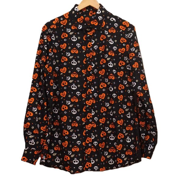 Simon Banks Black Dress Shirt Halloween Skulls & Pumkin Heart Pattern Mens Large - Picture 1 of 5